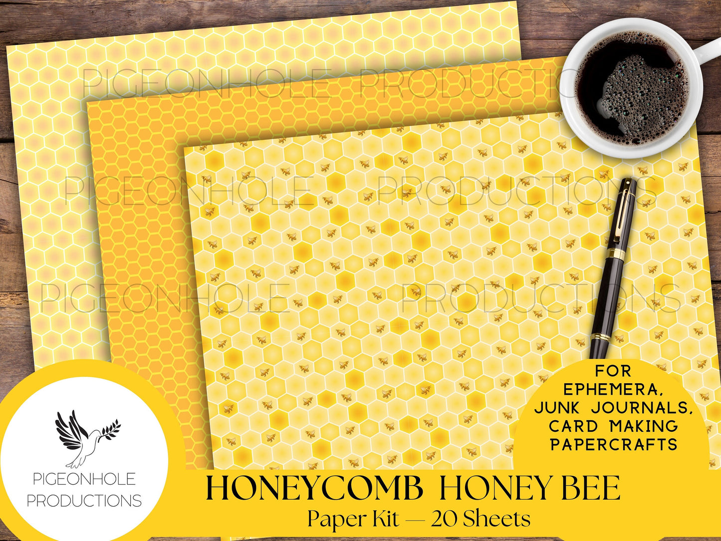 Honeycomb & Honey Bee Paper Kit—PRINTABLE—20 sheets—junk journals, collage, other papercrafts—great for ephemera bases—various gold colors