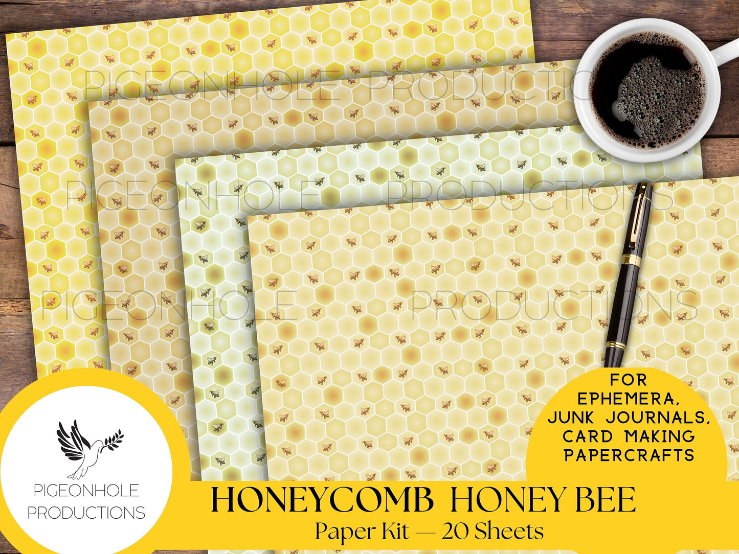 Honeycomb & Honey Bee Paper Kit—PRINTABLE—20 sheets—junk journals, collage, other papercrafts—great for ephemera bases—various gold colors