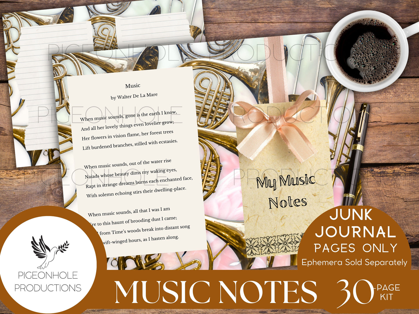 Music Notes Junk Journal Pages Kit, PRINTABLE, 30 sheets journal pages, music instrument themed, flowers, classic poetry & uplifting quotes