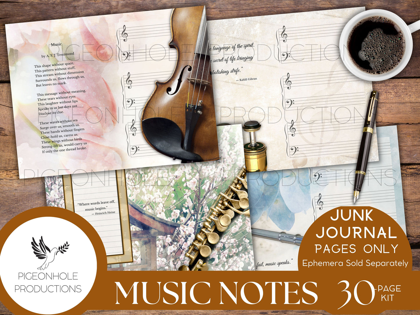Music Notes Junk Journal Pages Kit, PRINTABLE, 30 sheets journal pages, music instrument themed, flowers, classic poetry & uplifting quotes