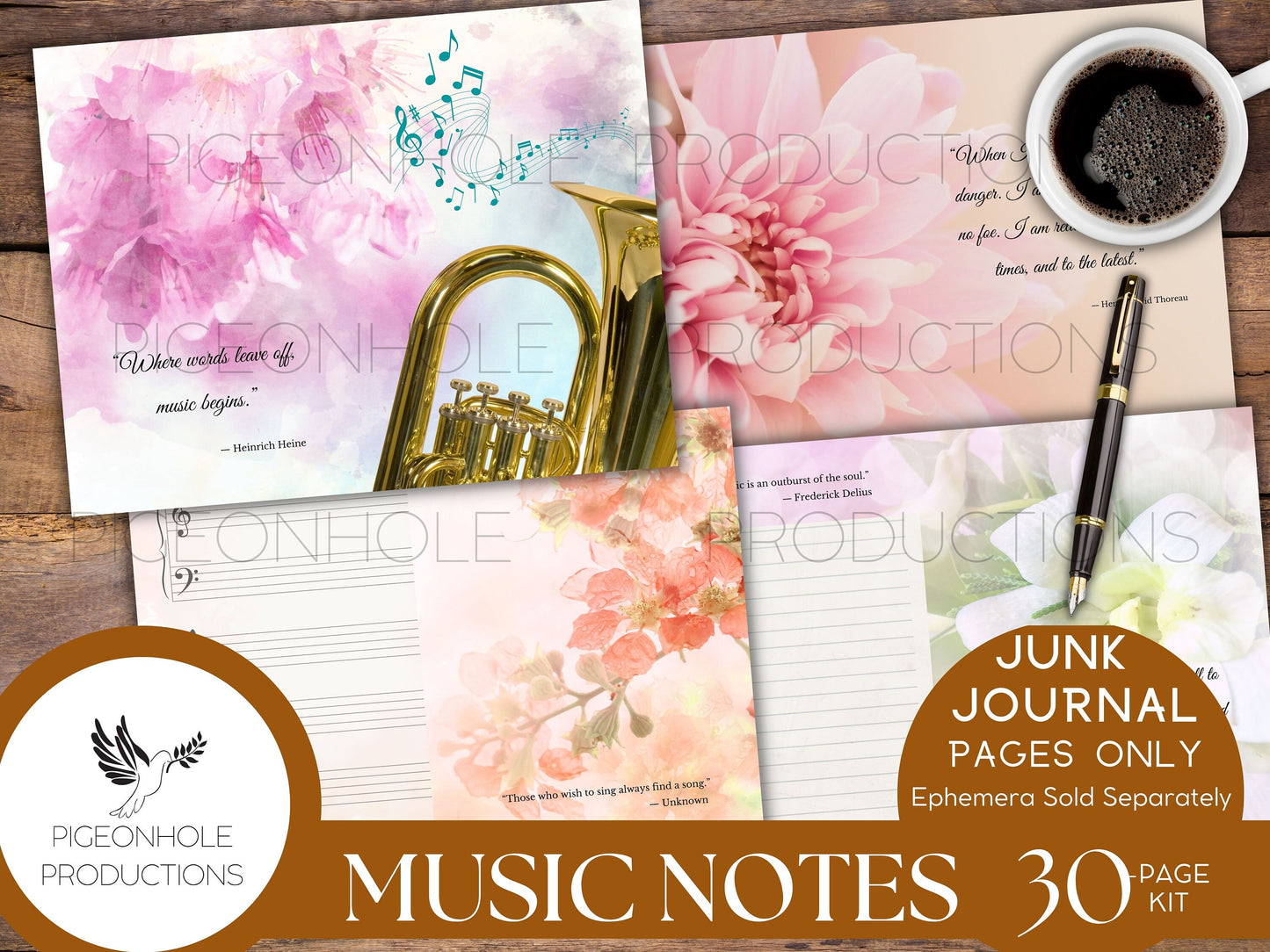 Music Notes Junk Journal Pages Kit, PRINTABLE, 30 sheets journal pages, music instrument themed, flowers, classic poetry & uplifting quotes