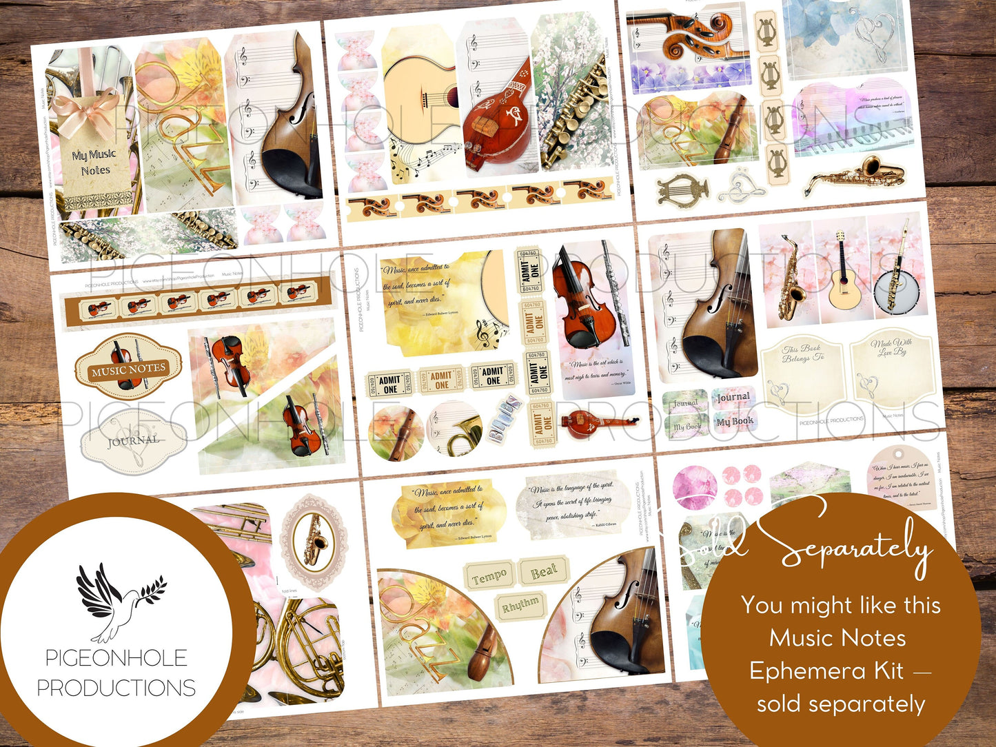Music Notes Junk Journal Pages Kit, PRINTABLE, 30 sheets journal pages, music instrument themed, flowers, classic poetry & uplifting quotes