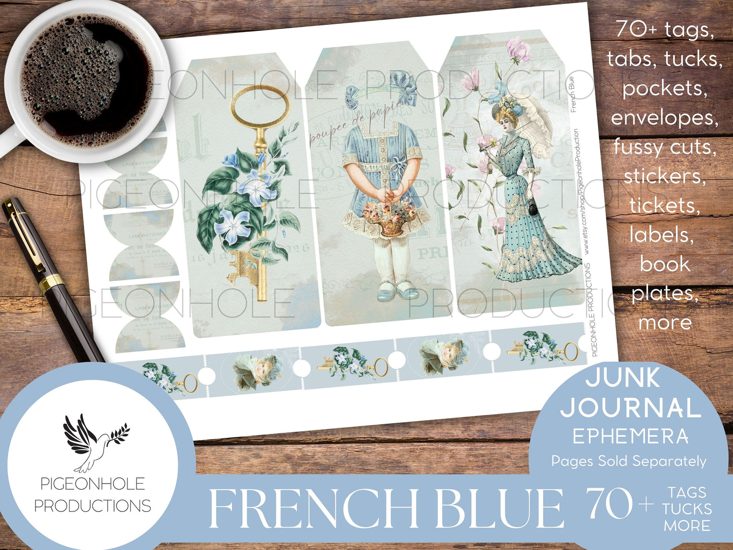French Blue Junk Journal Ephemera, PRINTABLE, 70+ tags, tucks, pockets, envelopes, fussy cuts, bookplates, stickers, lovely blue ephemera