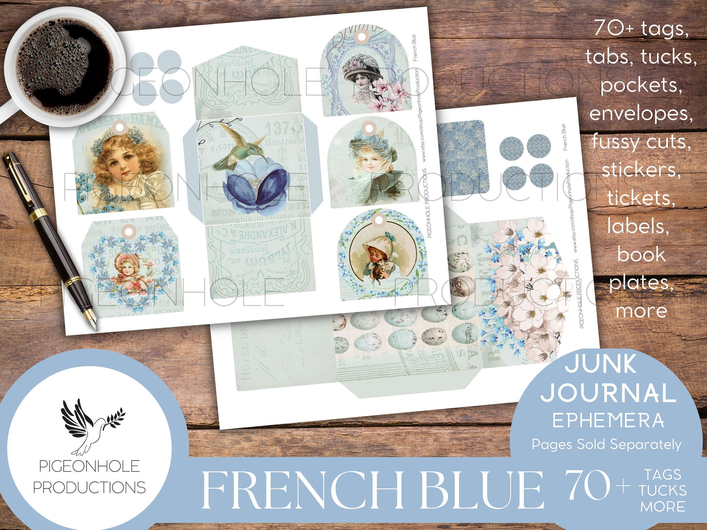 French Blue Junk Journal Ephemera, PRINTABLE, 70+ tags, tucks, pockets, envelopes, fussy cuts, bookplates, stickers, lovely blue ephemera