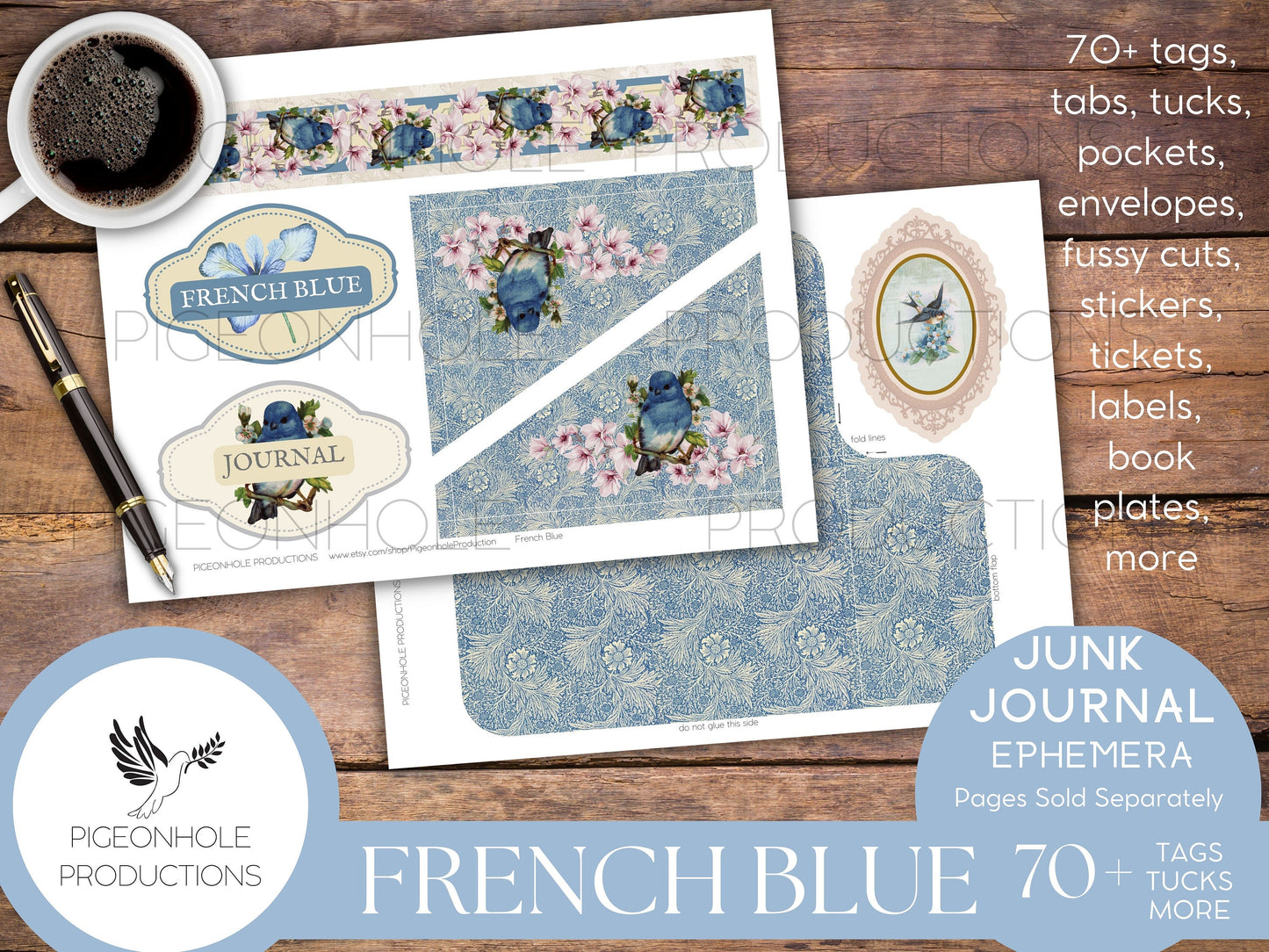 French Blue Junk Journal Ephemera, PRINTABLE, 70+ tags, tucks, pockets, envelopes, fussy cuts, bookplates, stickers, lovely blue ephemera