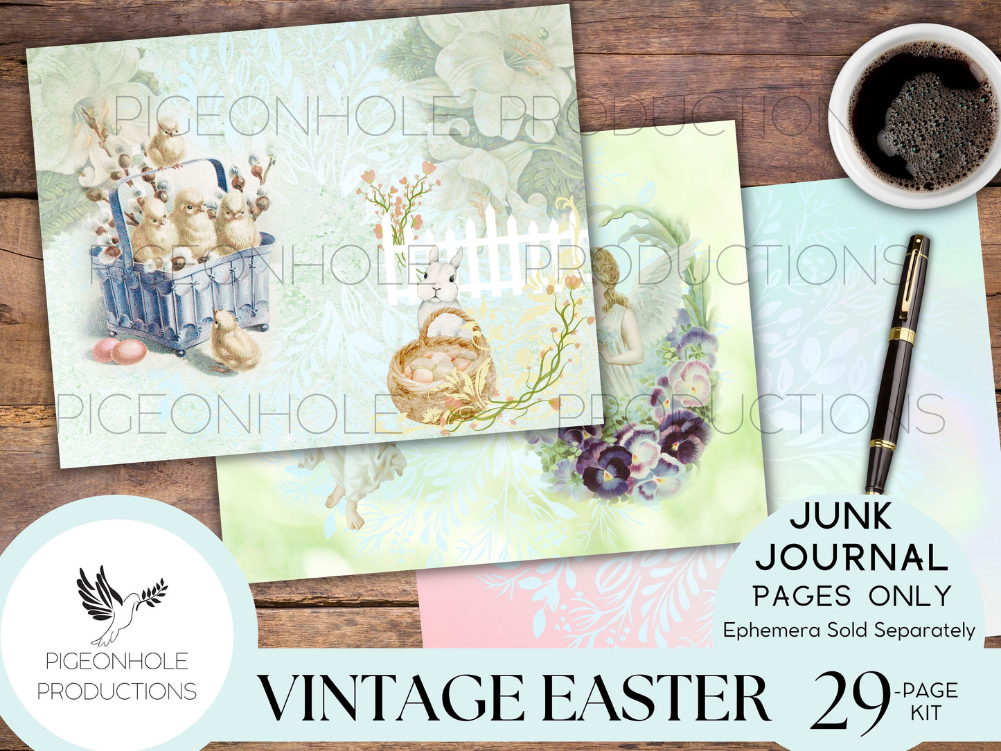 Vintage Easter Junk Journal Kit Pages—PRINTABLE—29 sheets—Beautiful vintage images of Easter, angels, florals, bunnies, chicks in pastels