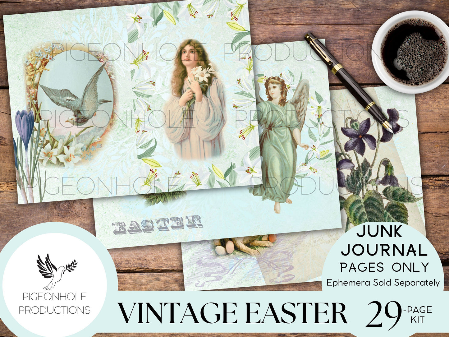 Vintage Easter Junk Journal Kit Pages—PRINTABLE—29 sheets—Beautiful vintage images of Easter, angels, florals, bunnies, chicks in pastels