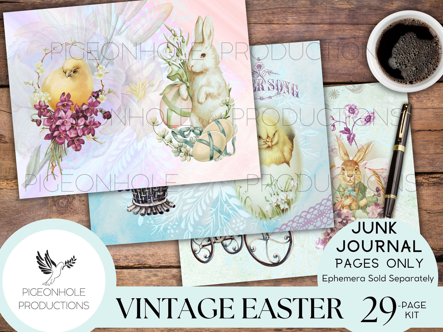 Vintage Easter Junk Journal Kit Pages—PRINTABLE—29 sheets—Beautiful vintage images of Easter, angels, florals, bunnies, chicks in pastels