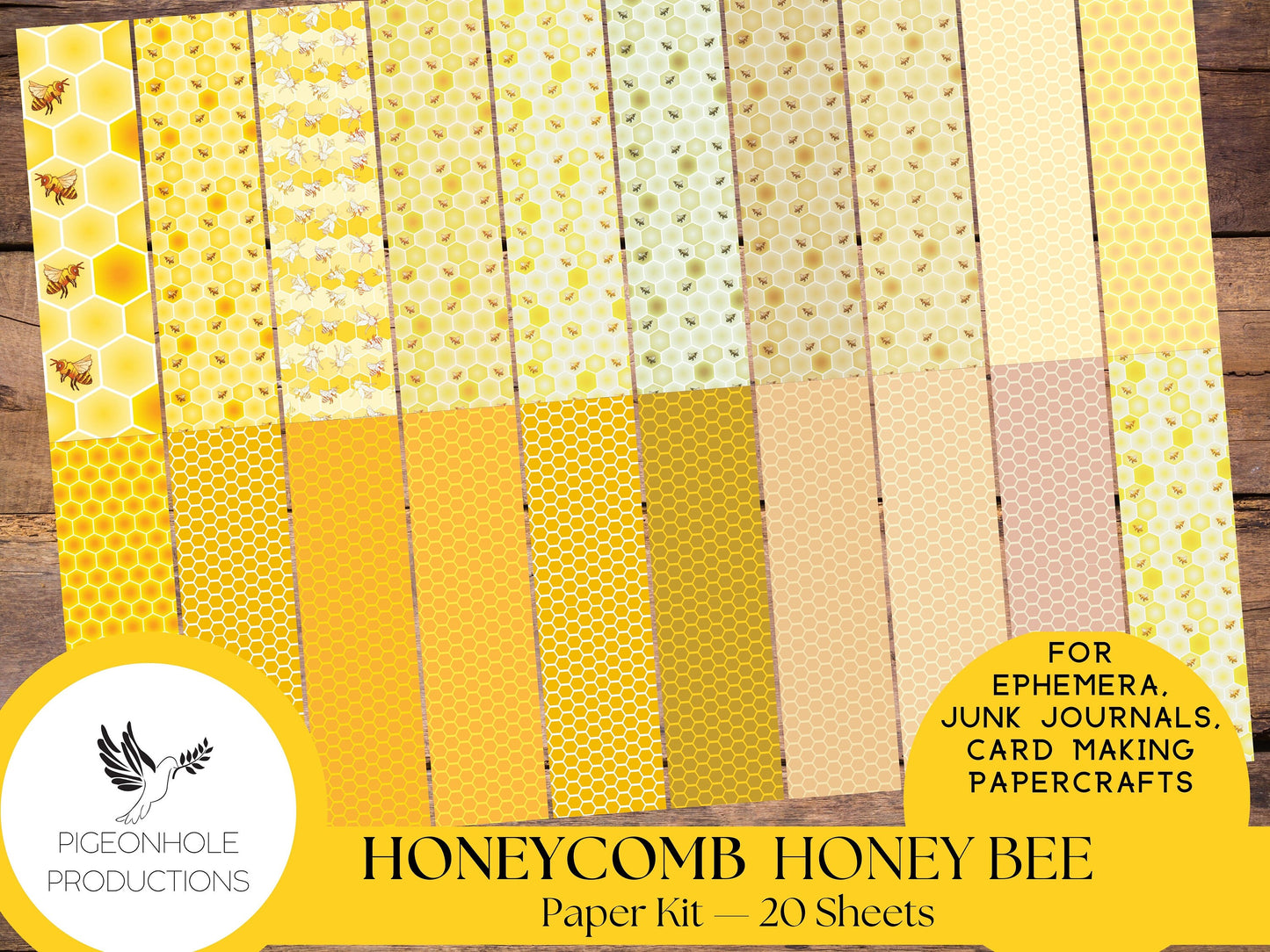 Honeycomb & Honey Bee Paper Kit—PRINTABLE—20 sheets—junk journals, collage, other papercrafts—great for ephemera bases—various gold colors