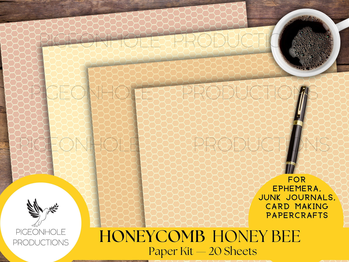 Honeycomb & Honey Bee Paper Kit—PRINTABLE—20 sheets—junk journals, collage, other papercrafts—great for ephemera bases—various gold colors
