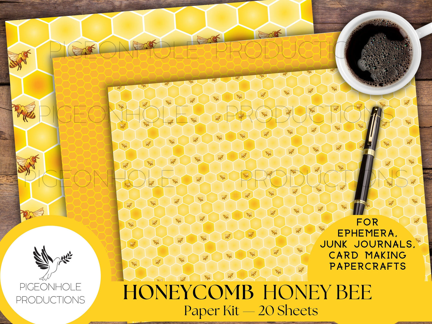 Honeycomb & Honey Bee Paper Kit—PRINTABLE—20 sheets—junk journals, collage, other papercrafts—great for ephemera bases—various gold colors