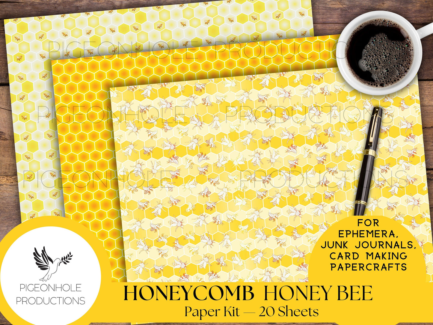 Honeycomb & Honey Bee Paper Kit—PRINTABLE—20 sheets—junk journals, collage, other papercrafts—great for ephemera bases—various gold colors