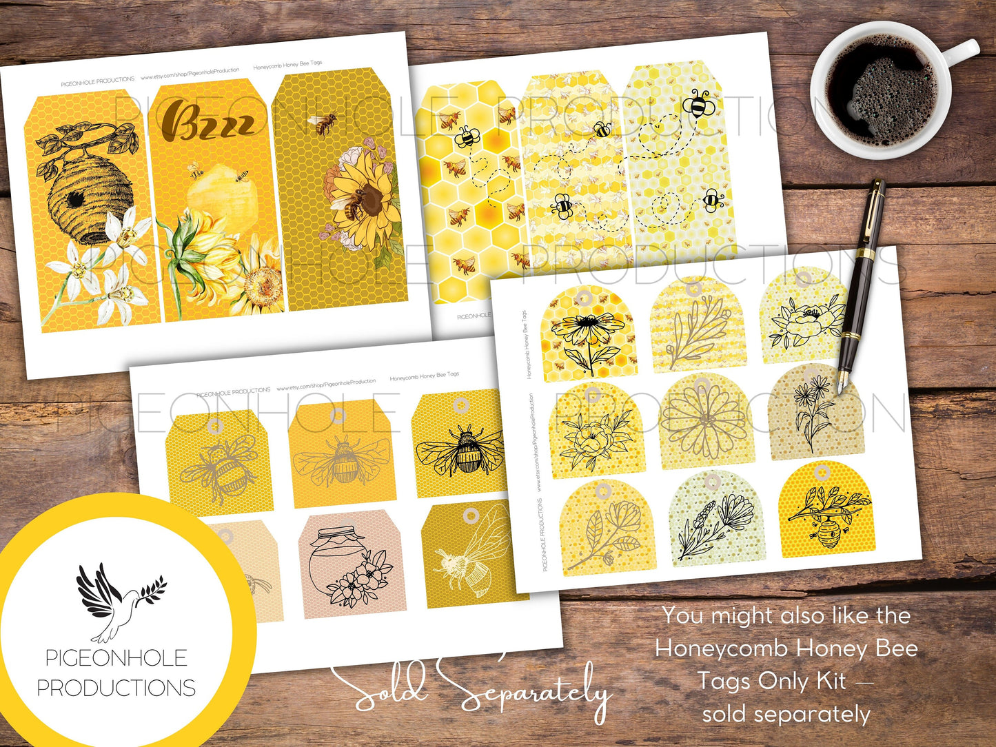Honeycomb & Honey Bee Paper Kit—PRINTABLE—20 sheets—junk journals, collage, other papercrafts—great for ephemera bases—various gold colors