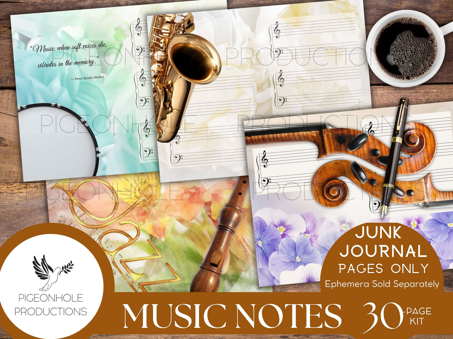 Music Notes Junk Journal Pages Kit, PRINTABLE, 30 sheets journal pages, music instrument themed, flowers, classic poetry & uplifting quotes