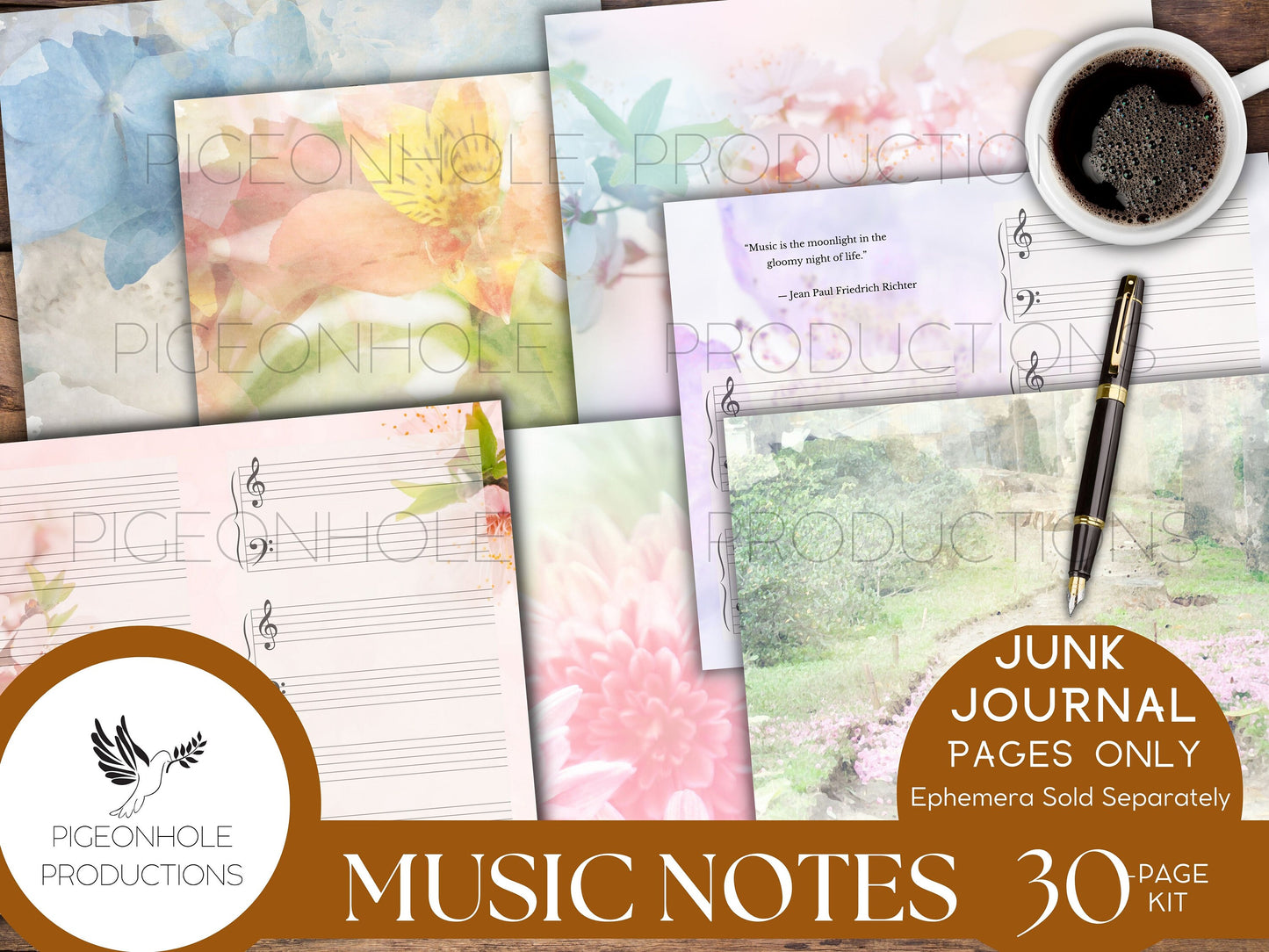 Music Notes Junk Journal Pages Kit, PRINTABLE, 30 sheets journal pages, music instrument themed, flowers, classic poetry & uplifting quotes
