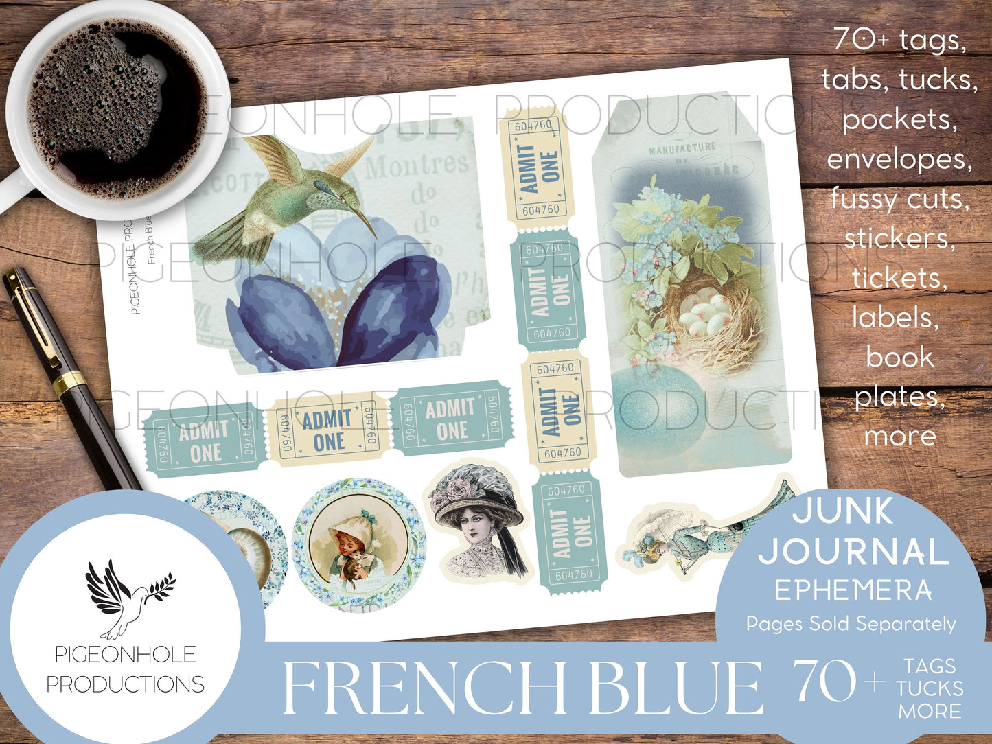 French Blue Junk Journal Ephemera, PRINTABLE, 70+ tags, tucks, pockets, envelopes, fussy cuts, bookplates, stickers, lovely blue ephemera