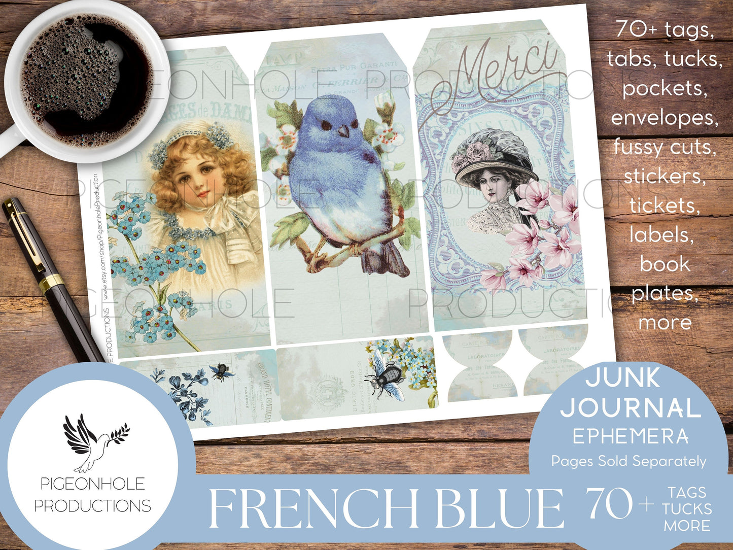 French Blue Junk Journal Ephemera, PRINTABLE, 70+ tags, tucks, pockets, envelopes, fussy cuts, bookplates, stickers, lovely blue ephemera