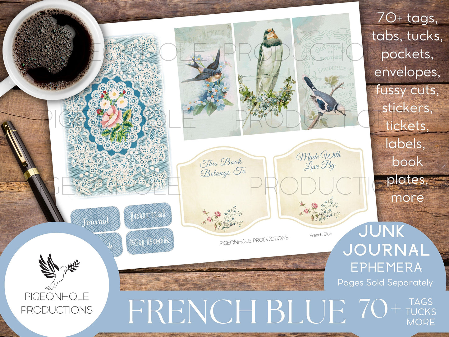 French Blue Junk Journal Ephemera, PRINTABLE, 70+ tags, tucks, pockets, envelopes, fussy cuts, bookplates, stickers, lovely blue ephemera