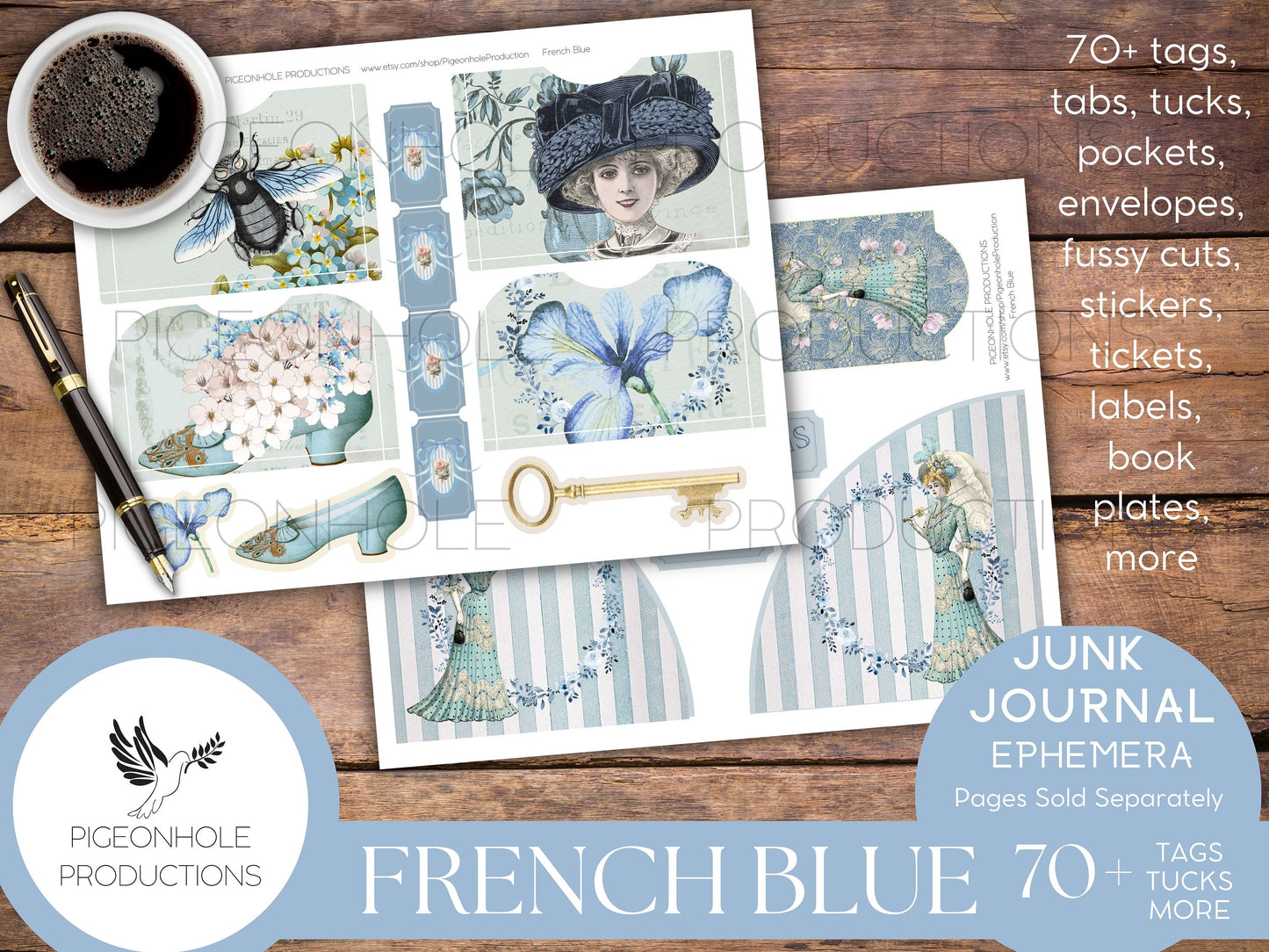 French Blue Junk Journal Ephemera, PRINTABLE, 70+ tags, tucks, pockets, envelopes, fussy cuts, bookplates, stickers, lovely blue ephemera