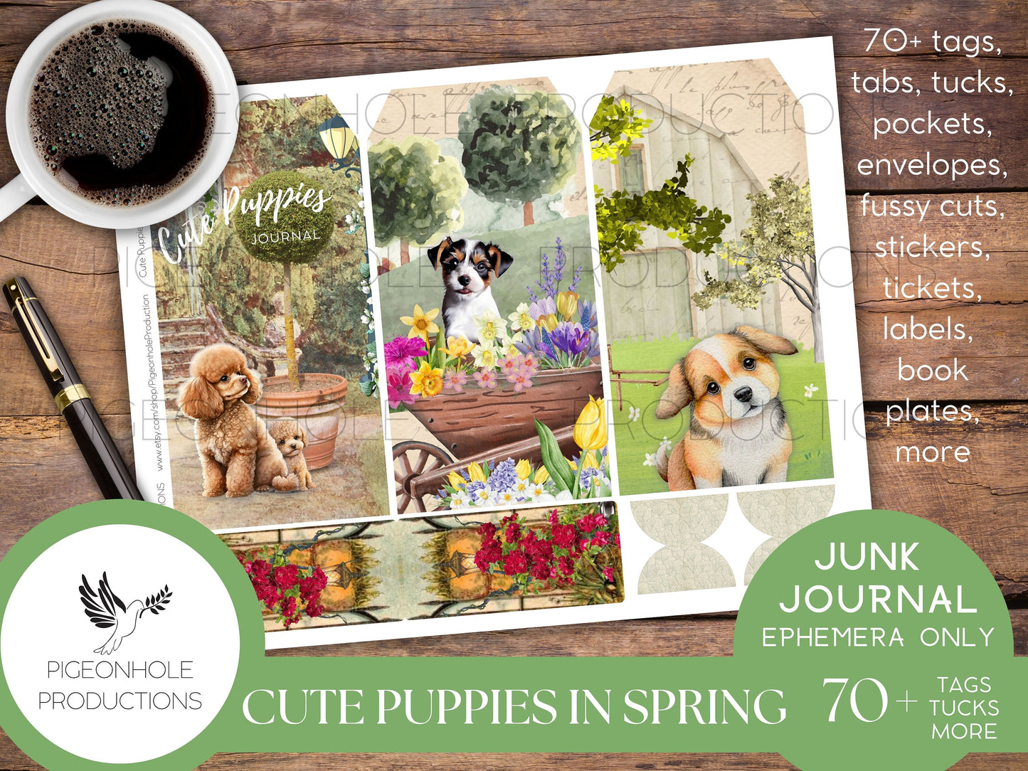 Cute Puppies In Spring Junk Journal EPHEMERA, PRINTABLE, 70+ cute tags, tucks, pockets, envelopes, fussy cuts, stickers, tickets, labels