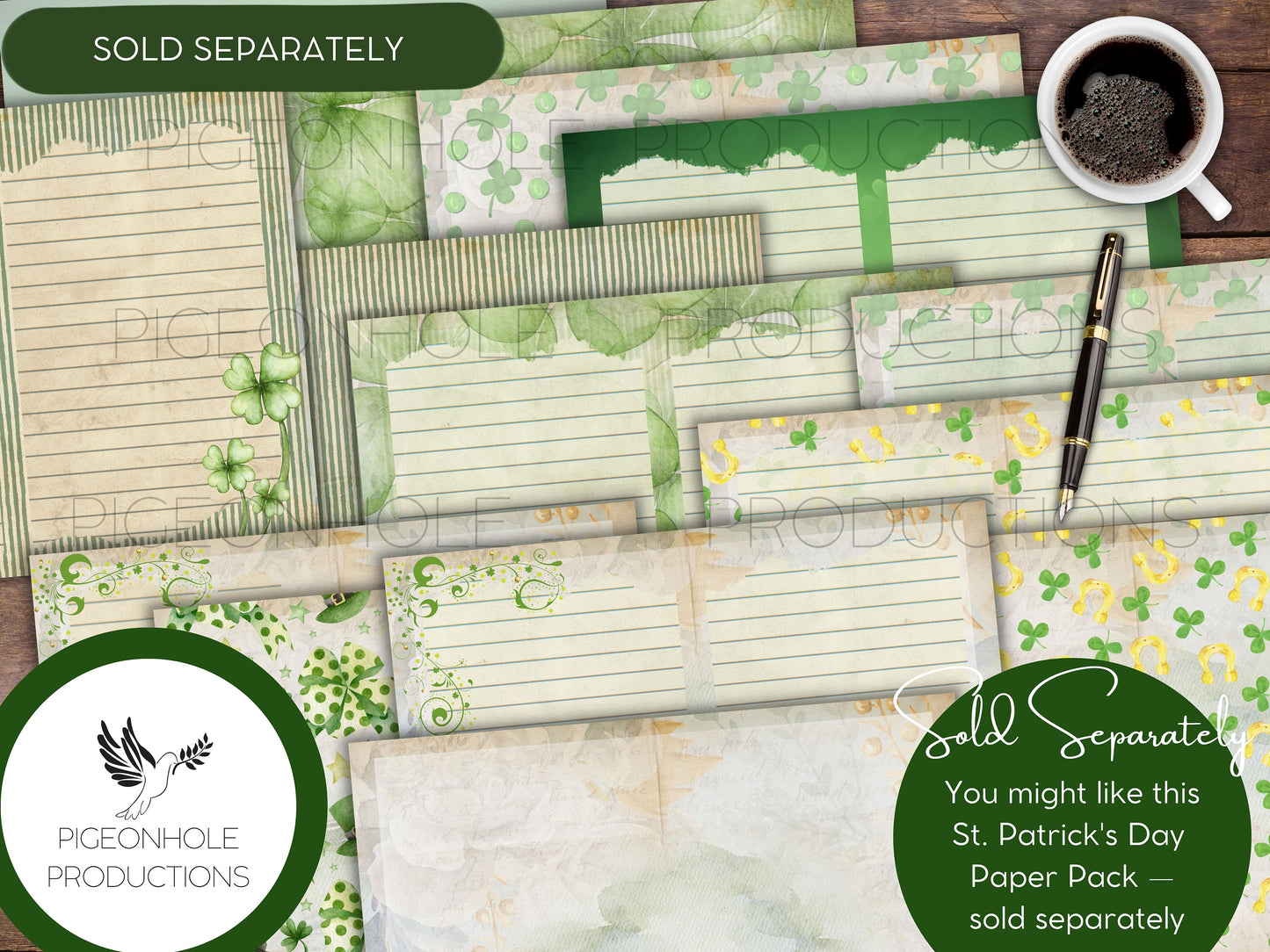 St. Patrick's Day LUCKY Paper Pack—PRINTABLE—lined & unlined for junk journals, other paper crafts—coordinating pages, ephemera available
