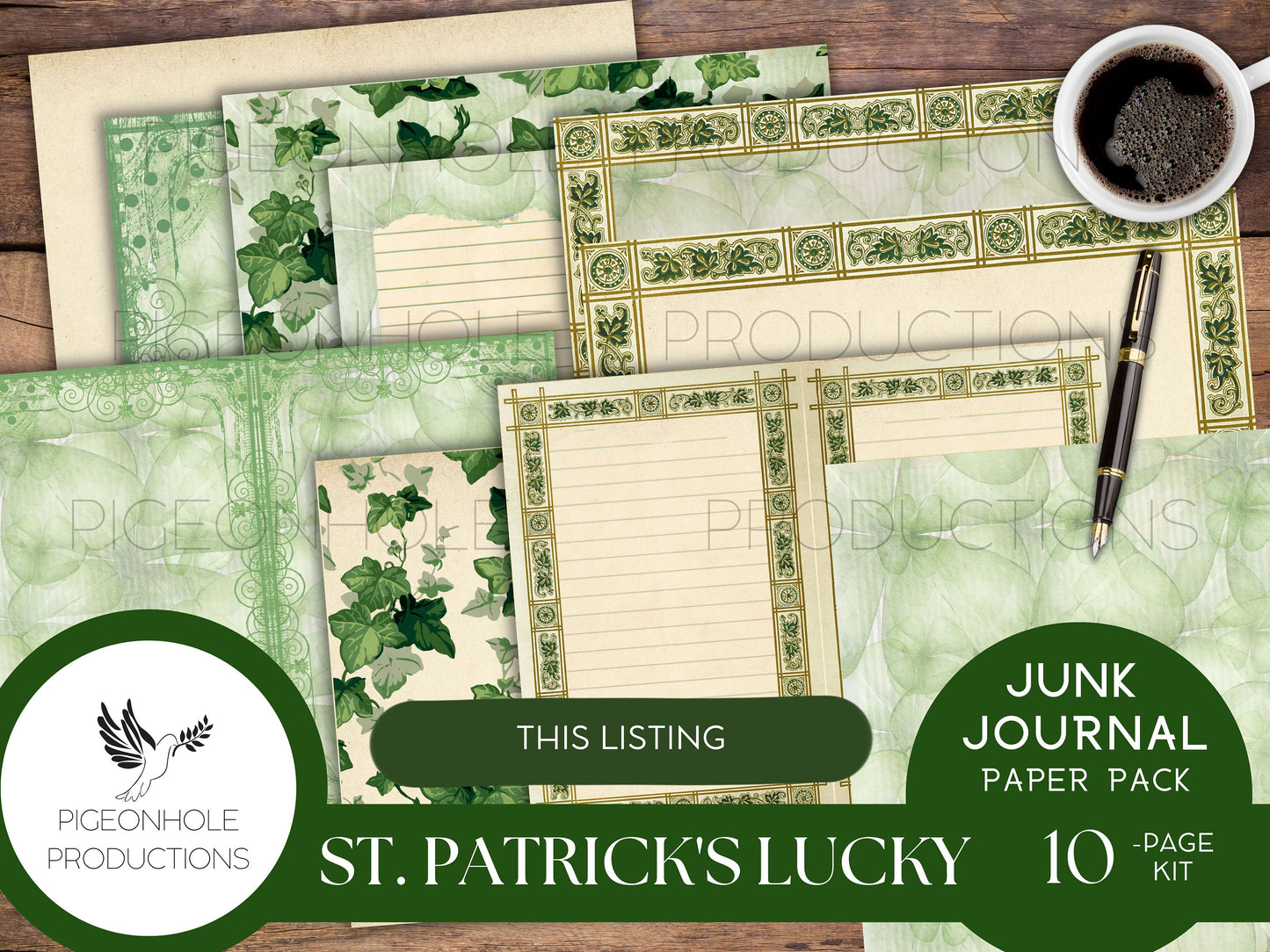 St. Patrick's Day LUCKY Paper Pack—PRINTABLE—lined & unlined for junk journals, other paper crafts—coordinating pages, ephemera available