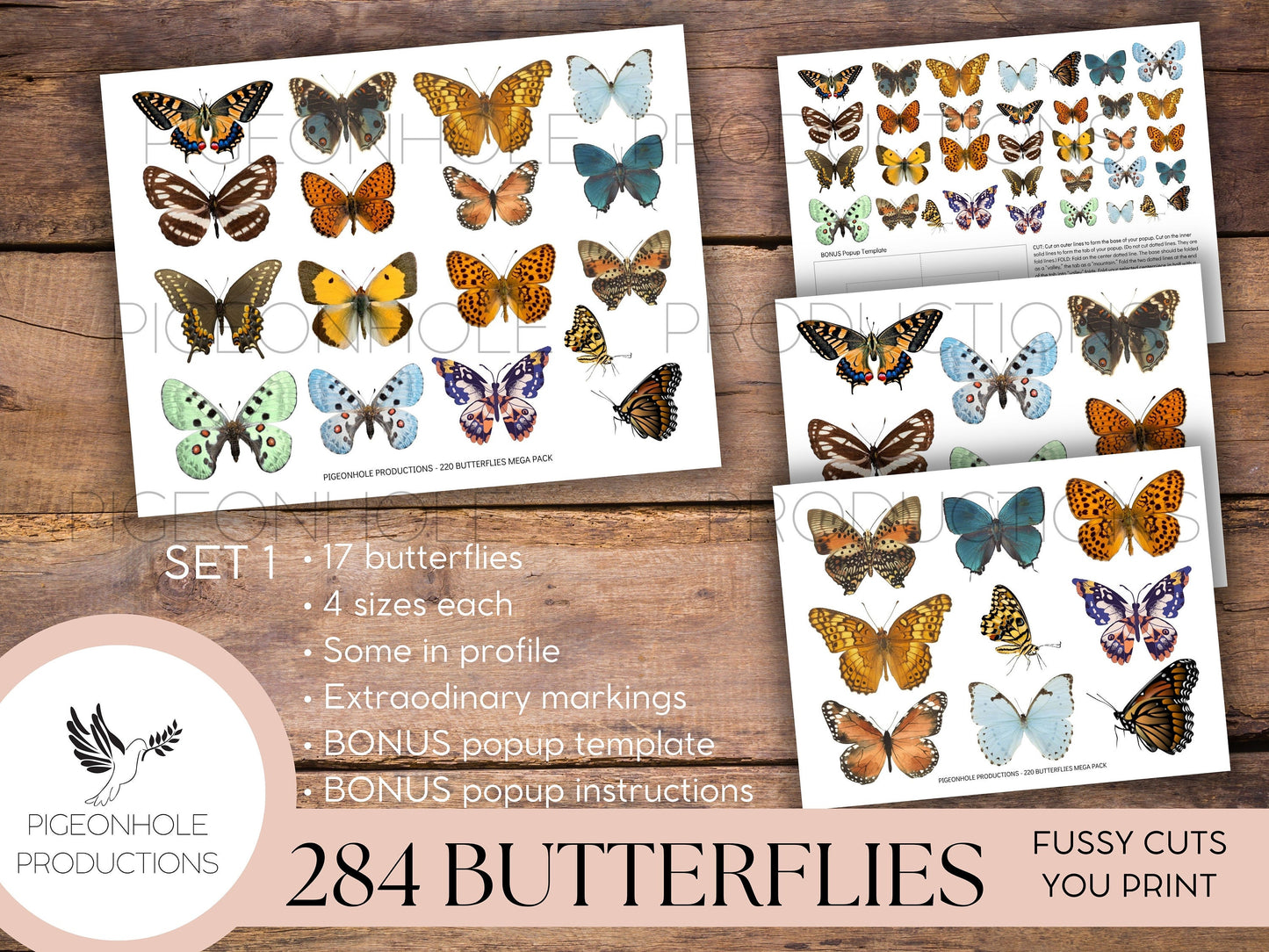 284 Butterfly Mega Pack Fussy Cuts, PRINTABLE junk journals scrapbooking papercrafts cardmaking tags ephemera, Popup Template & Instructions