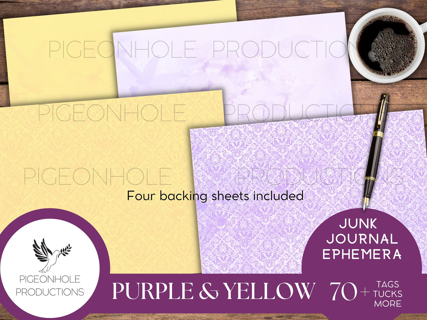 Purple & Yellow Flowers Junk Journal EPHEMERA, PRINTABLE, 70+ tags, tucks, pockets, envelopes, page tabs, tickets, labels, bookplates, more
