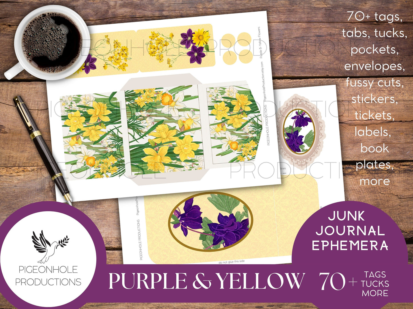 Purple & Yellow Flowers Junk Journal EPHEMERA, PRINTABLE, 70+ tags, tucks, pockets, envelopes, page tabs, tickets, labels, bookplates, more