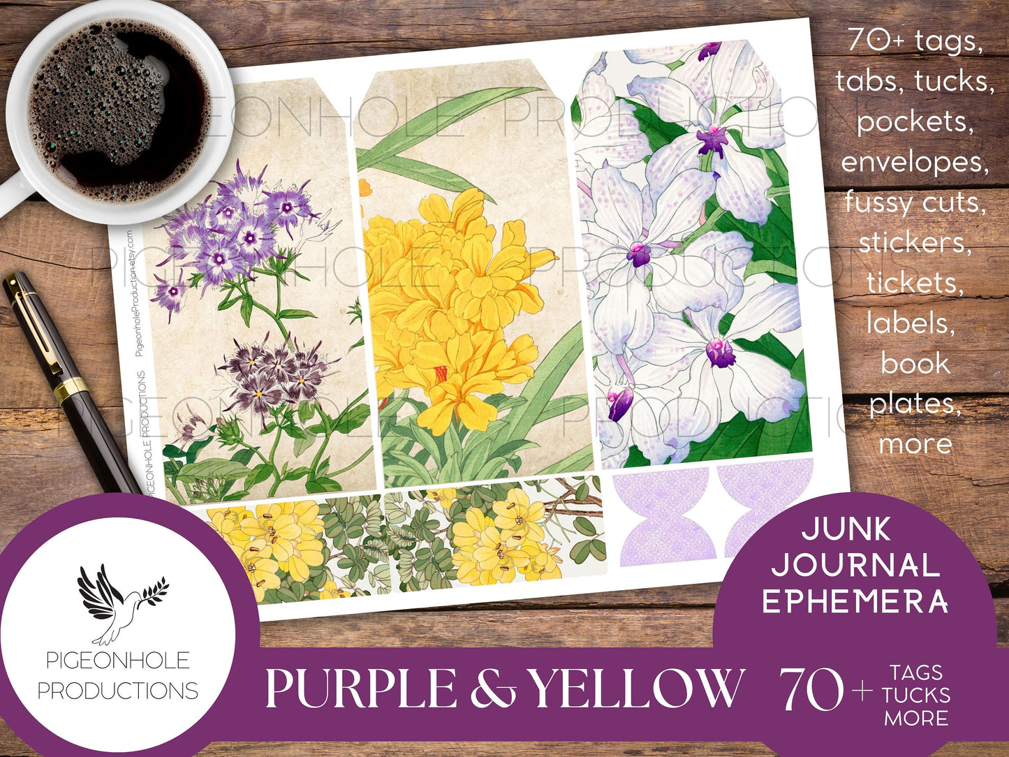 Purple & Yellow Flowers Junk Journal EPHEMERA, PRINTABLE, 70+ tags, tucks, pockets, envelopes, page tabs, tickets, labels, bookplates, more