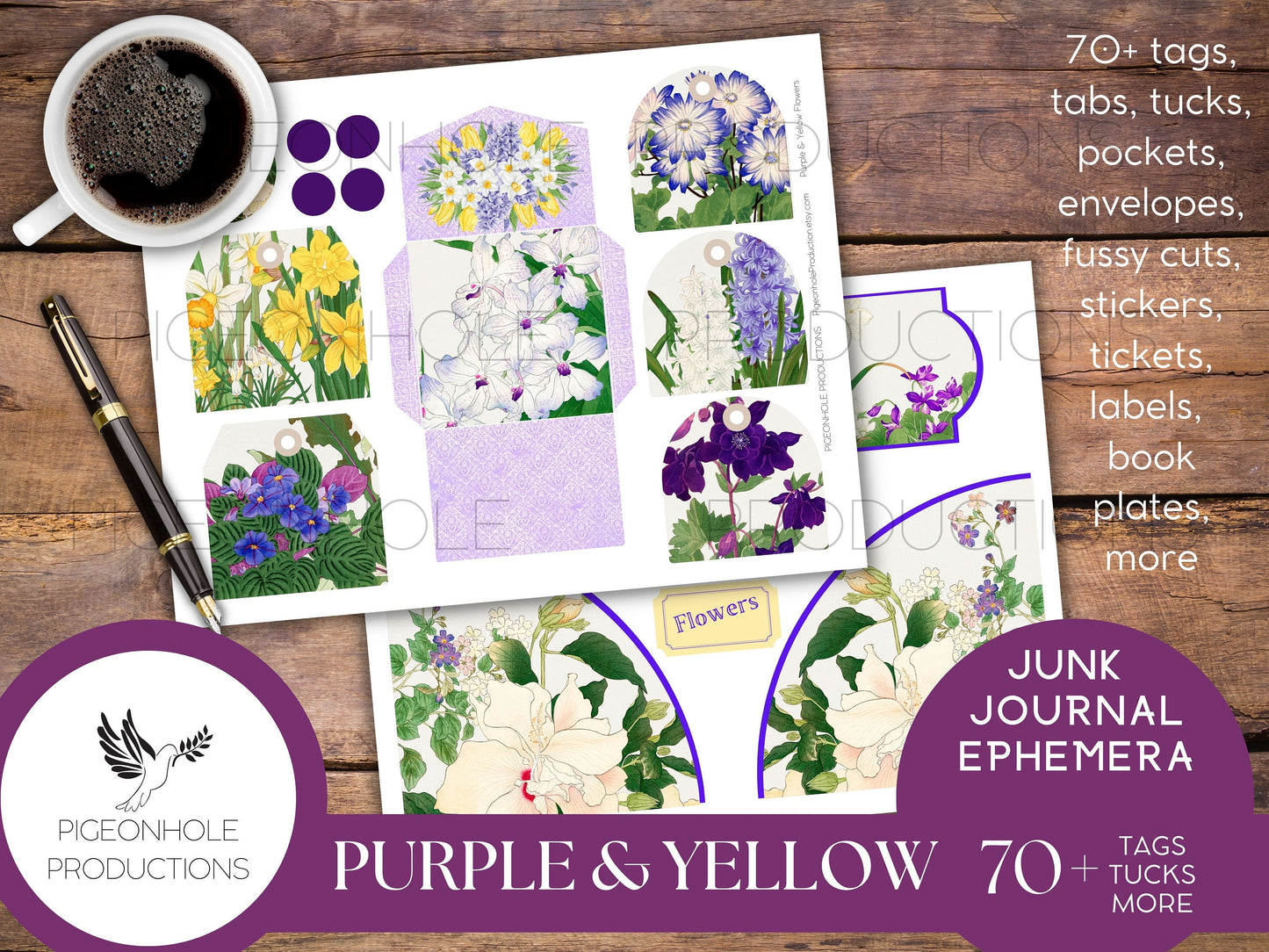 Purple & Yellow Flowers Junk Journal EPHEMERA, PRINTABLE, 70+ tags, tucks, pockets, envelopes, page tabs, tickets, labels, bookplates, more