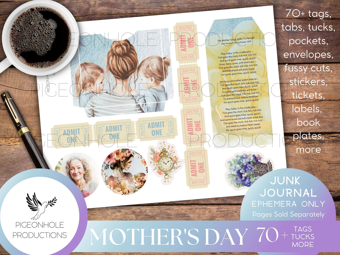 Mother's Day Junk Journal EPHEMERA, PRINTABLE, 70+ tags, tucks, pockets, envelopes, fussy cuts, stickers, tickets, labels, more!