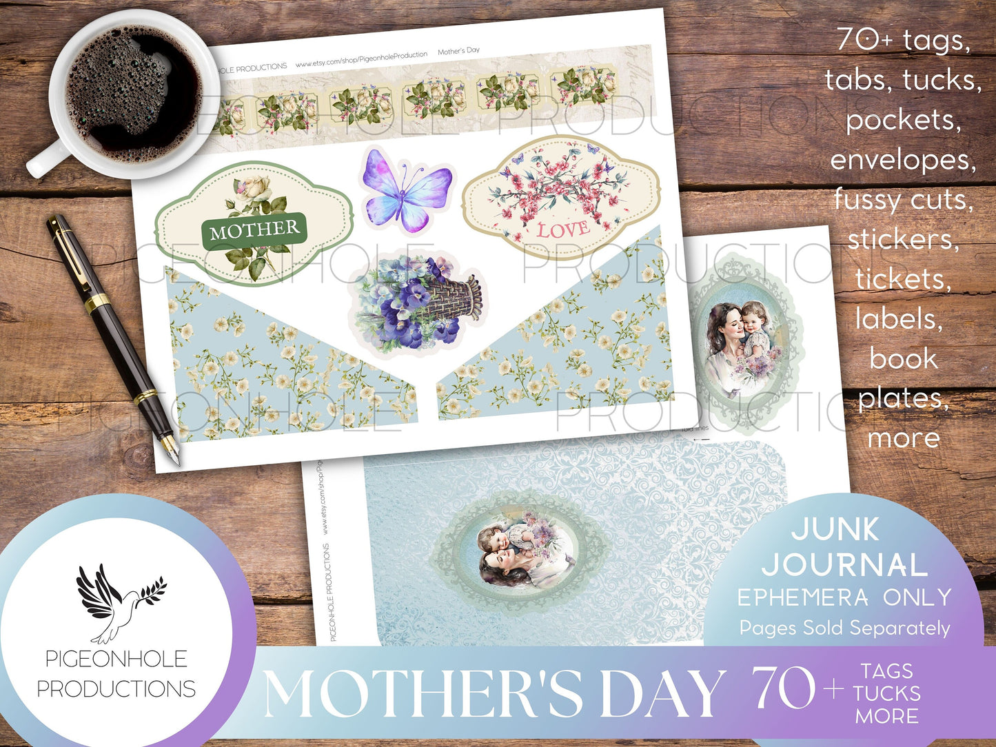 Mother's Day Junk Journal EPHEMERA, PRINTABLE, 70+ tags, tucks, pockets, envelopes, fussy cuts, stickers, tickets, labels, more!