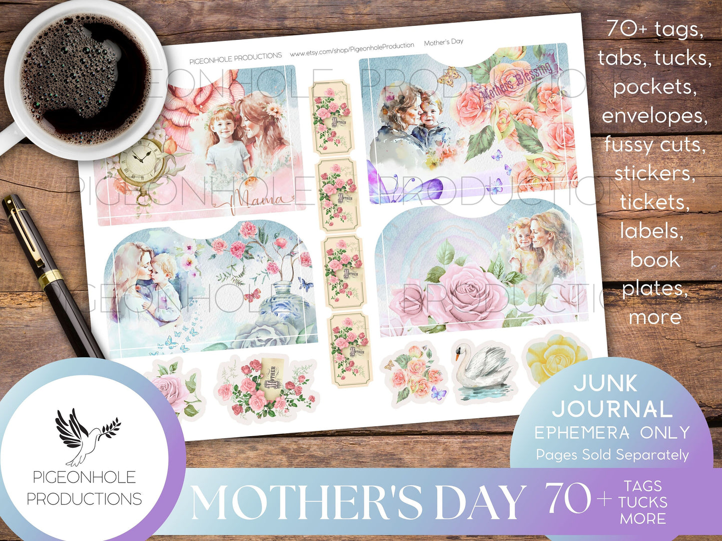 Mother's Day Junk Journal EPHEMERA, PRINTABLE, 70+ tags, tucks, pockets, envelopes, fussy cuts, stickers, tickets, labels, more!