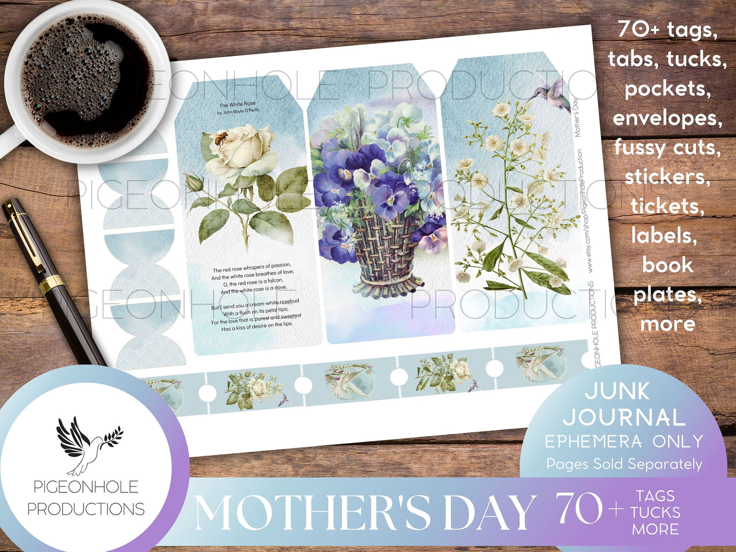 Mother's Day Junk Journal EPHEMERA, PRINTABLE, 70+ tags, tucks, pockets, envelopes, fussy cuts, stickers, tickets, labels, more!