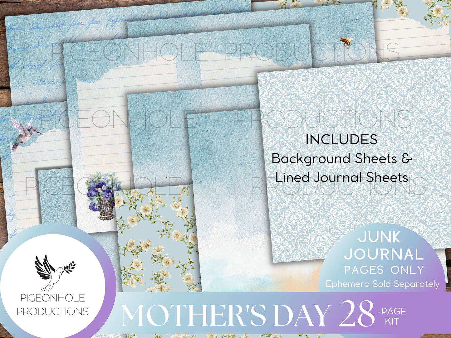 Mother's Day Junk Journal Pages—PRINTABLE—lovely collage sheets and happy poems—28 decorative/background/backing/lined journal sheets