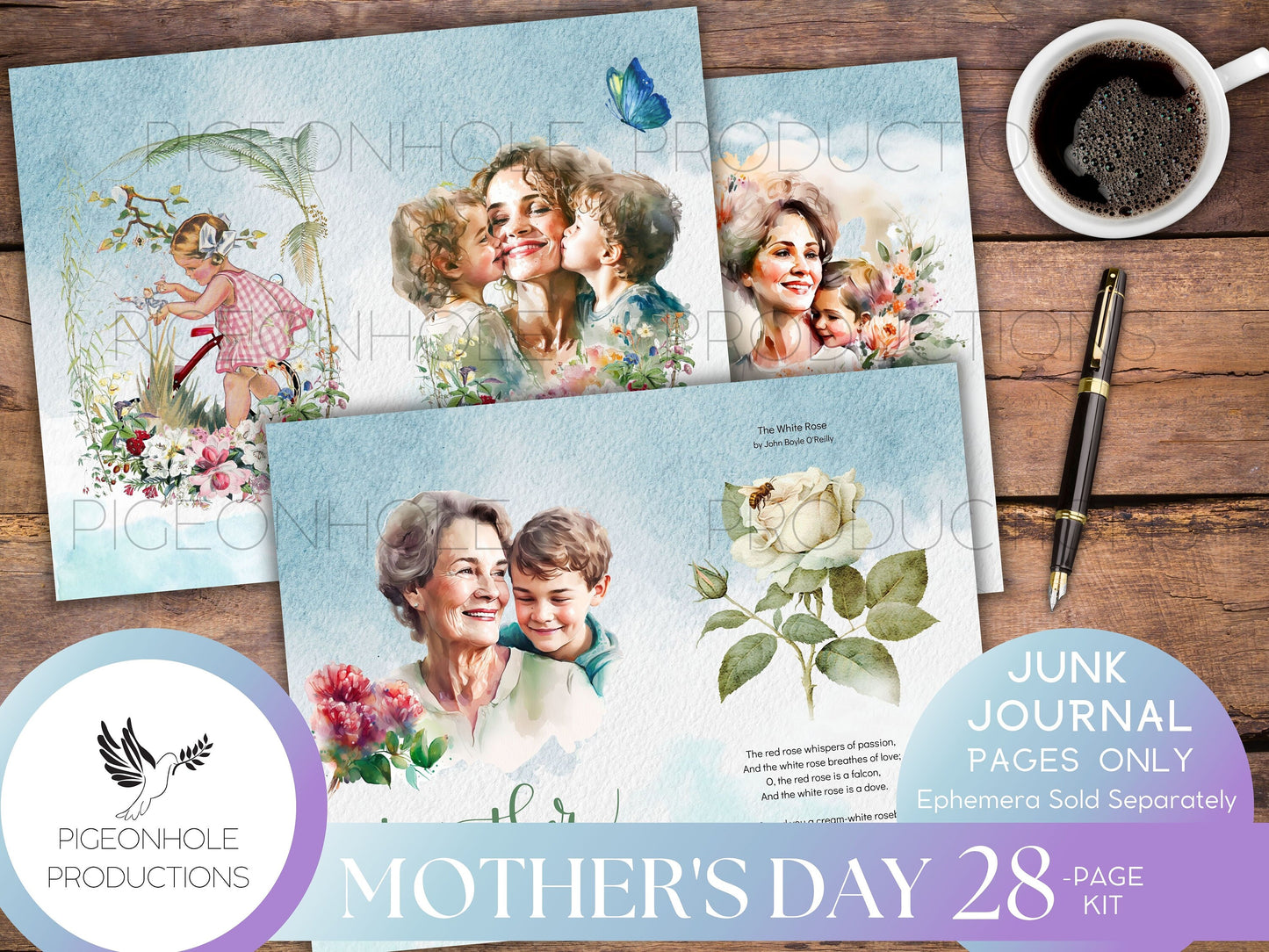 Mother's Day Junk Journal Pages—PRINTABLE—lovely collage sheets and happy poems—28 decorative/background/backing/lined journal sheets