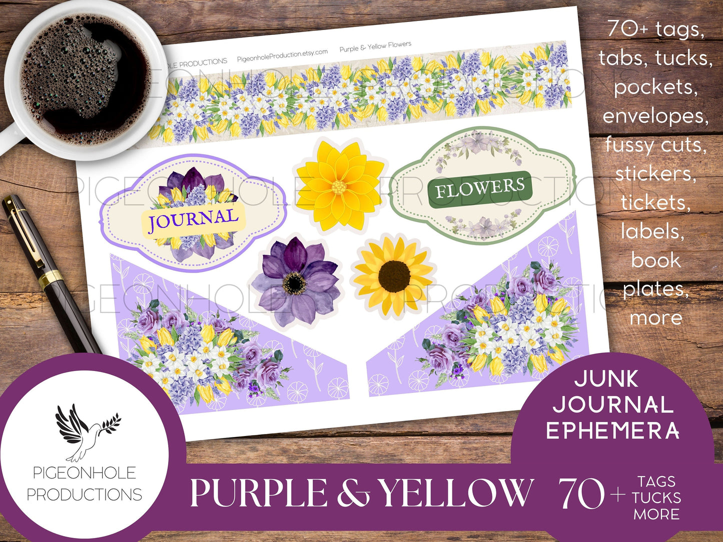 Purple & Yellow Flowers Junk Journal EPHEMERA, PRINTABLE, 70+ tags, tucks, pockets, envelopes, page tabs, tickets, labels, bookplates, more
