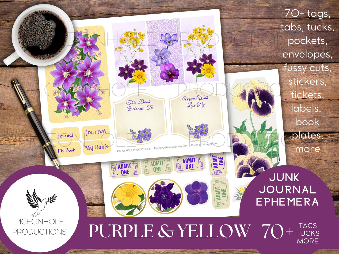 Purple & Yellow Flowers Junk Journal EPHEMERA, PRINTABLE, 70+ tags, tucks, pockets, envelopes, page tabs, tickets, labels, bookplates, more