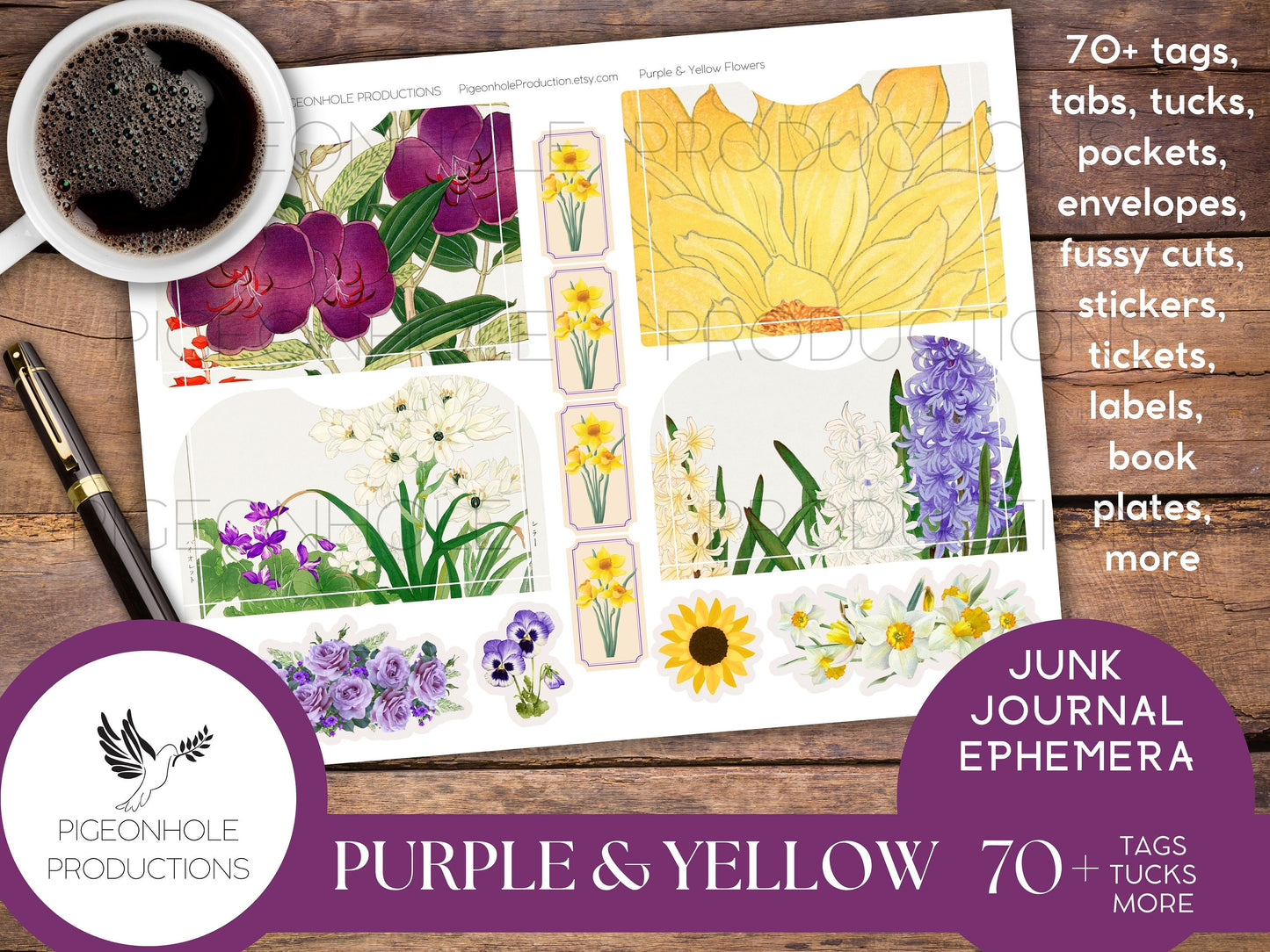 Purple & Yellow Flowers Junk Journal EPHEMERA, PRINTABLE, 70+ tags, tucks, pockets, envelopes, page tabs, tickets, labels, bookplates, more