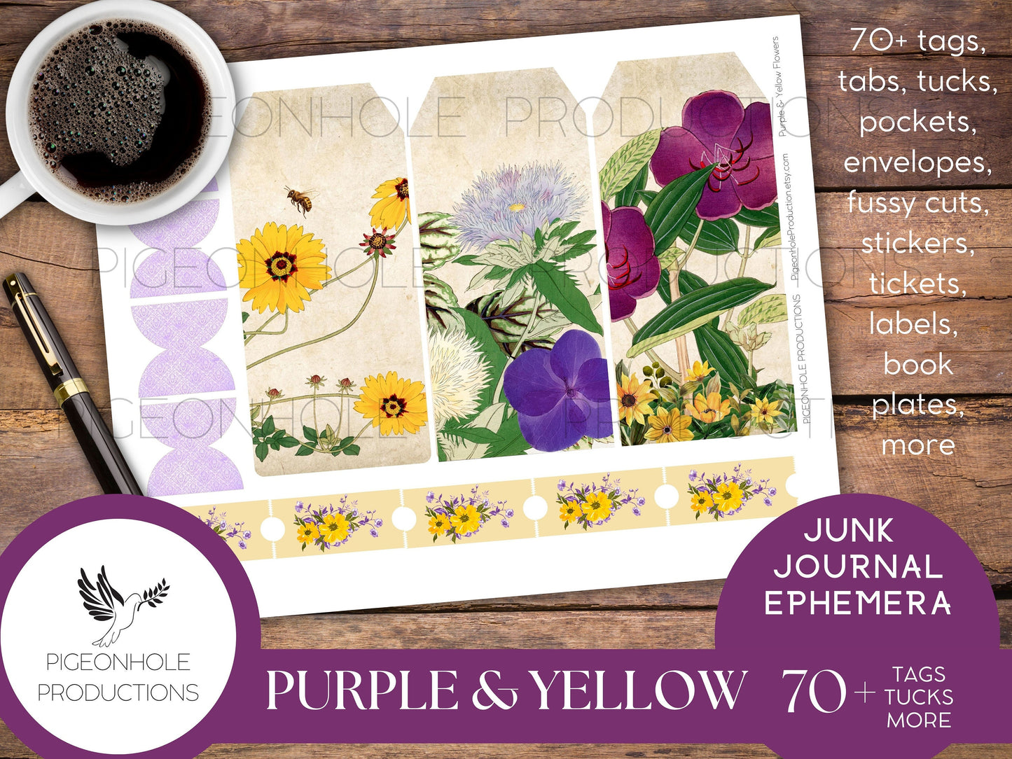 Purple & Yellow Flowers Junk Journal EPHEMERA, PRINTABLE, 70+ tags, tucks, pockets, envelopes, page tabs, tickets, labels, bookplates, more