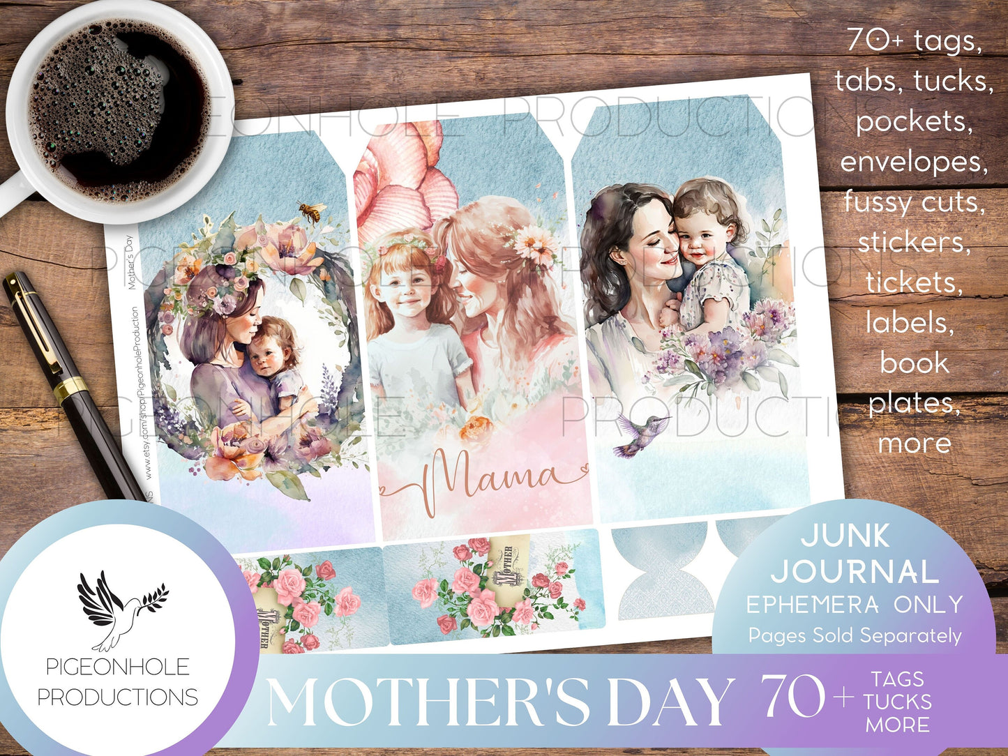 Mother's Day Junk Journal EPHEMERA, PRINTABLE, 70+ tags, tucks, pockets, envelopes, fussy cuts, stickers, tickets, labels, more!