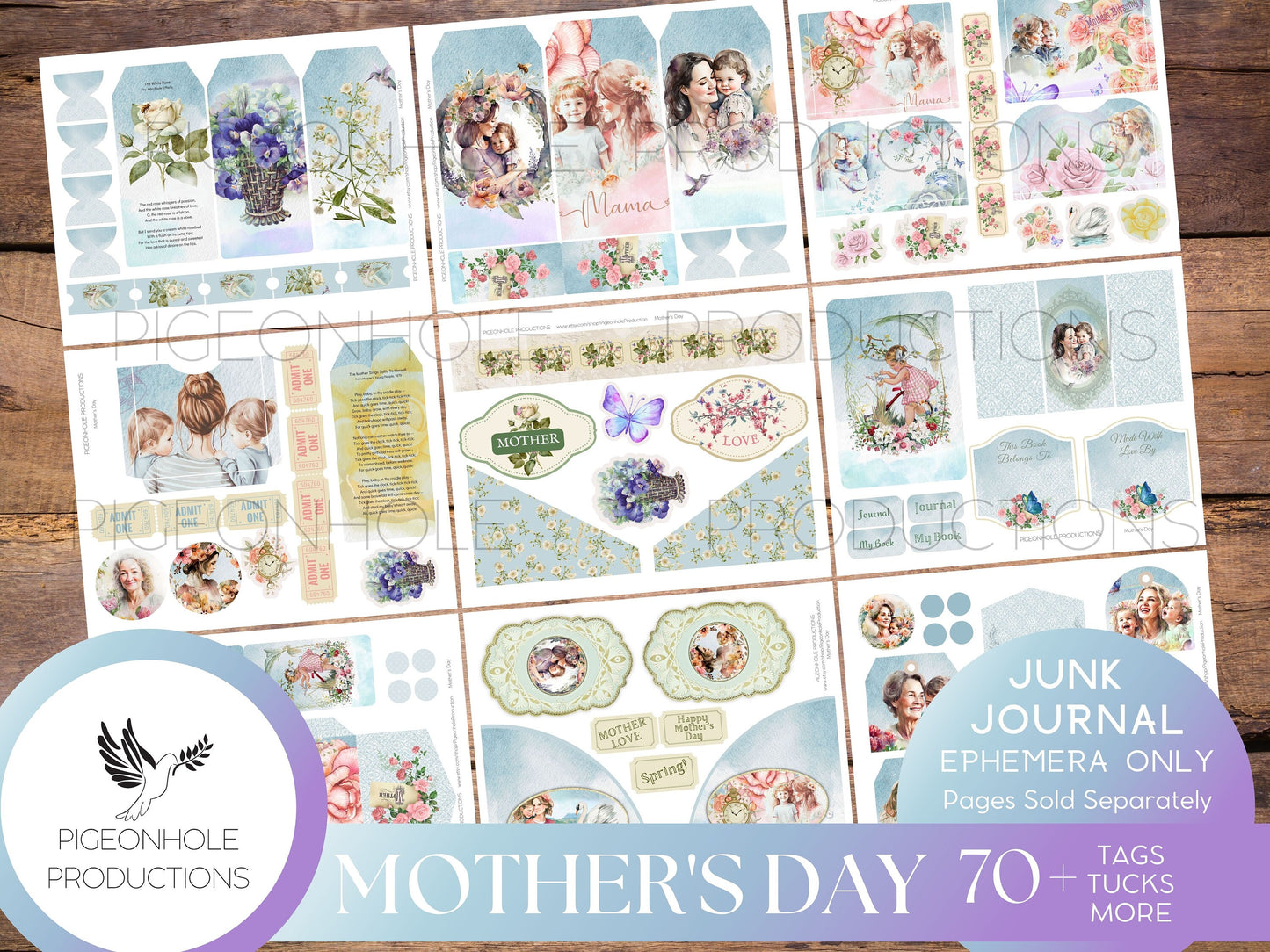 Mother's Day Junk Journal EPHEMERA, PRINTABLE, 70+ tags, tucks, pockets, envelopes, fussy cuts, stickers, tickets, labels, more!