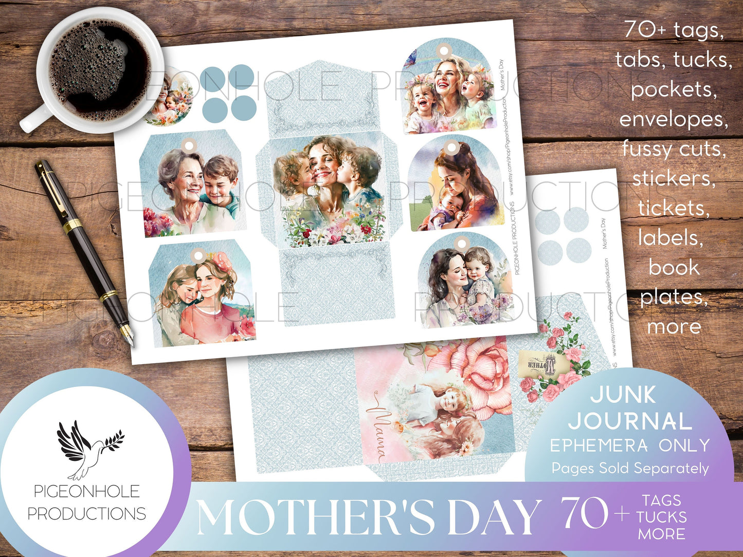 Mother's Day Junk Journal EPHEMERA, PRINTABLE, 70+ tags, tucks, pockets, envelopes, fussy cuts, stickers, tickets, labels, more!