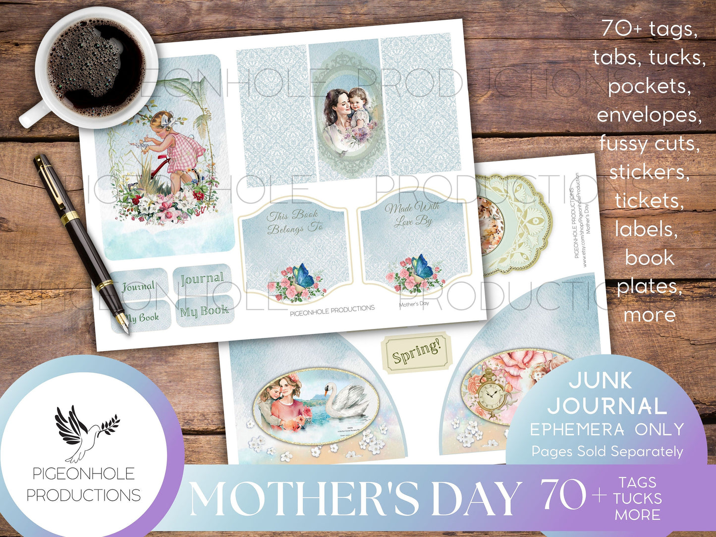 Mother's Day Junk Journal EPHEMERA, PRINTABLE, 70+ tags, tucks, pockets, envelopes, fussy cuts, stickers, tickets, labels, more!