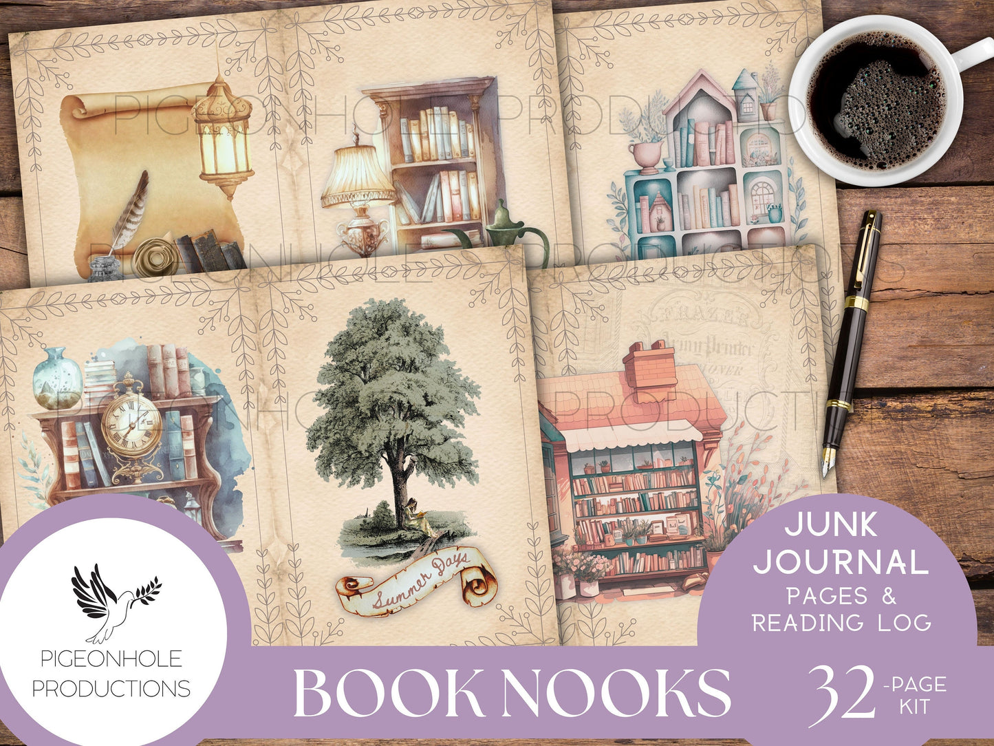 Book Nooks Junk Journal Pages & Reading Log, PRINTABLE, 32 sheets, makes 64 journal pages, enough for 3 signatures, pretty for book lovers!