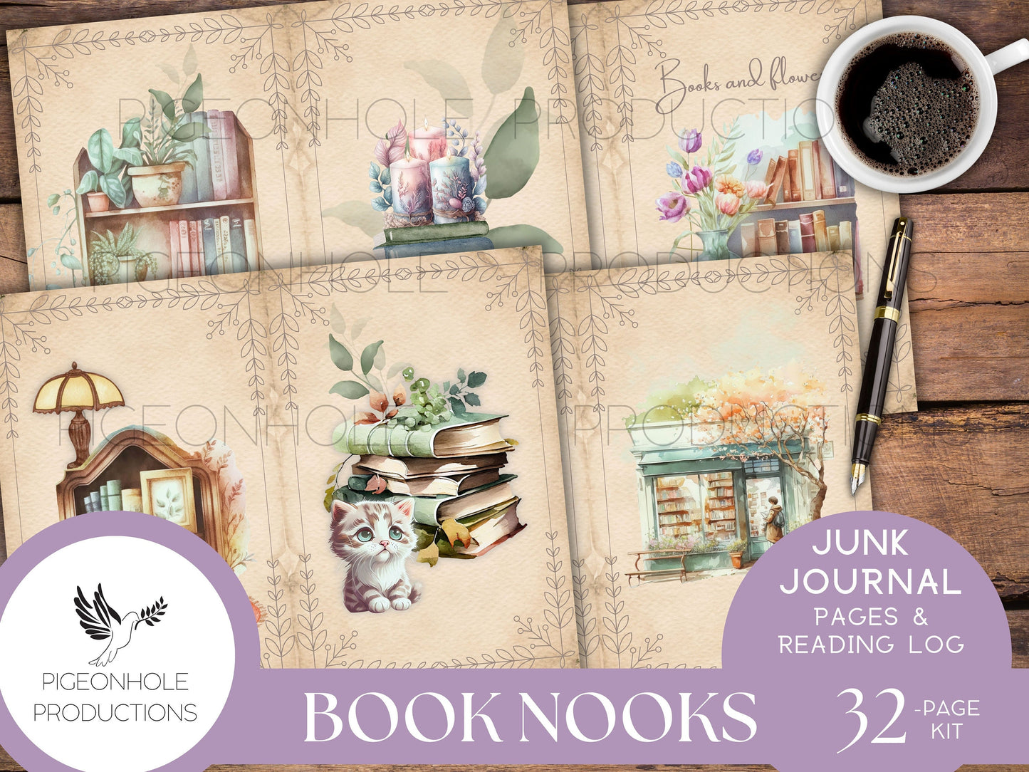 Book Nooks Junk Journal Pages & Reading Log, PRINTABLE, 32 sheets, makes 64 journal pages, enough for 3 signatures, pretty for book lovers!