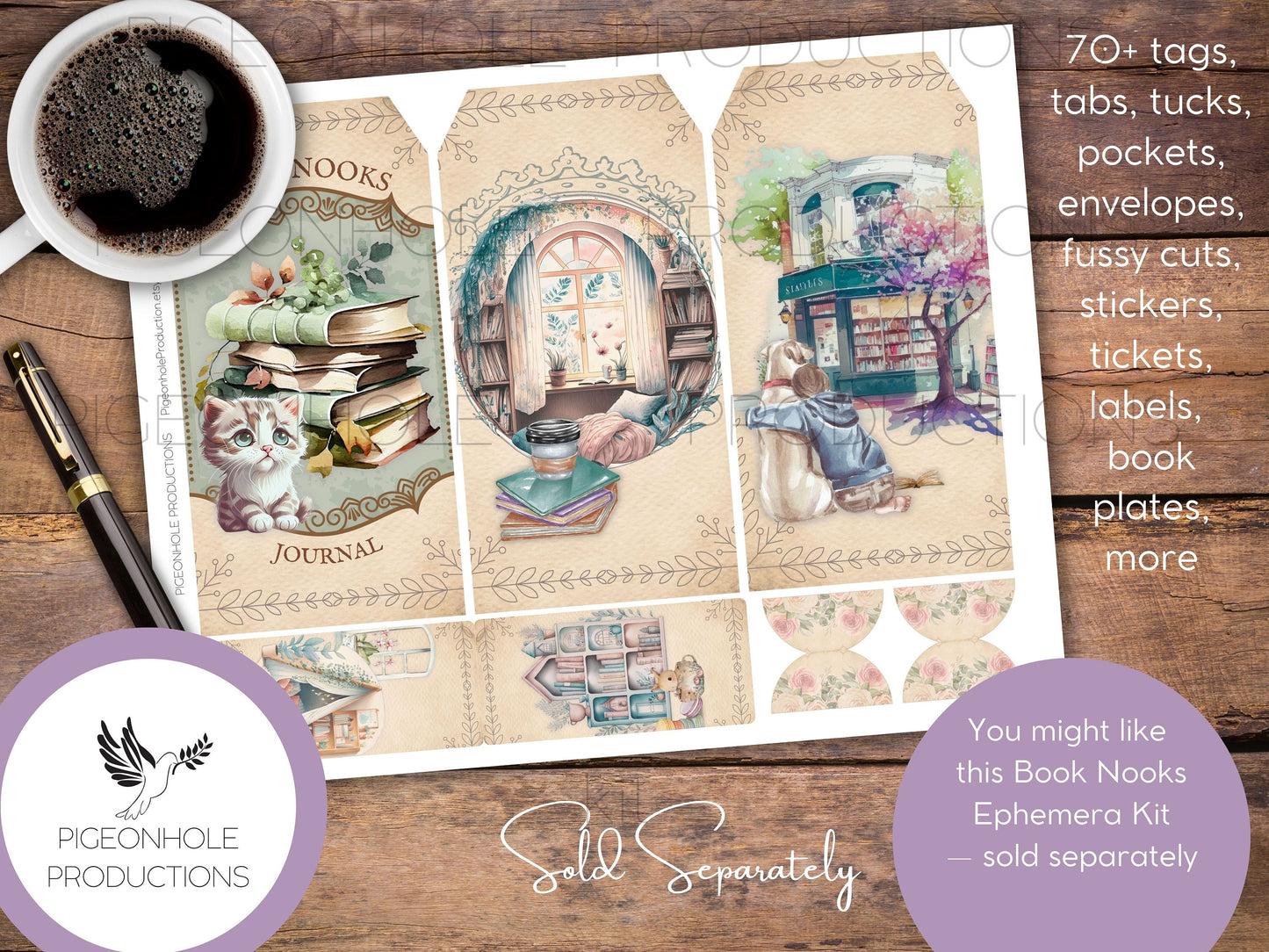 Book Nooks Junk Journal Pages & Reading Log, PRINTABLE, 32 sheets, makes 64 journal pages, enough for 3 signatures, pretty for book lovers!