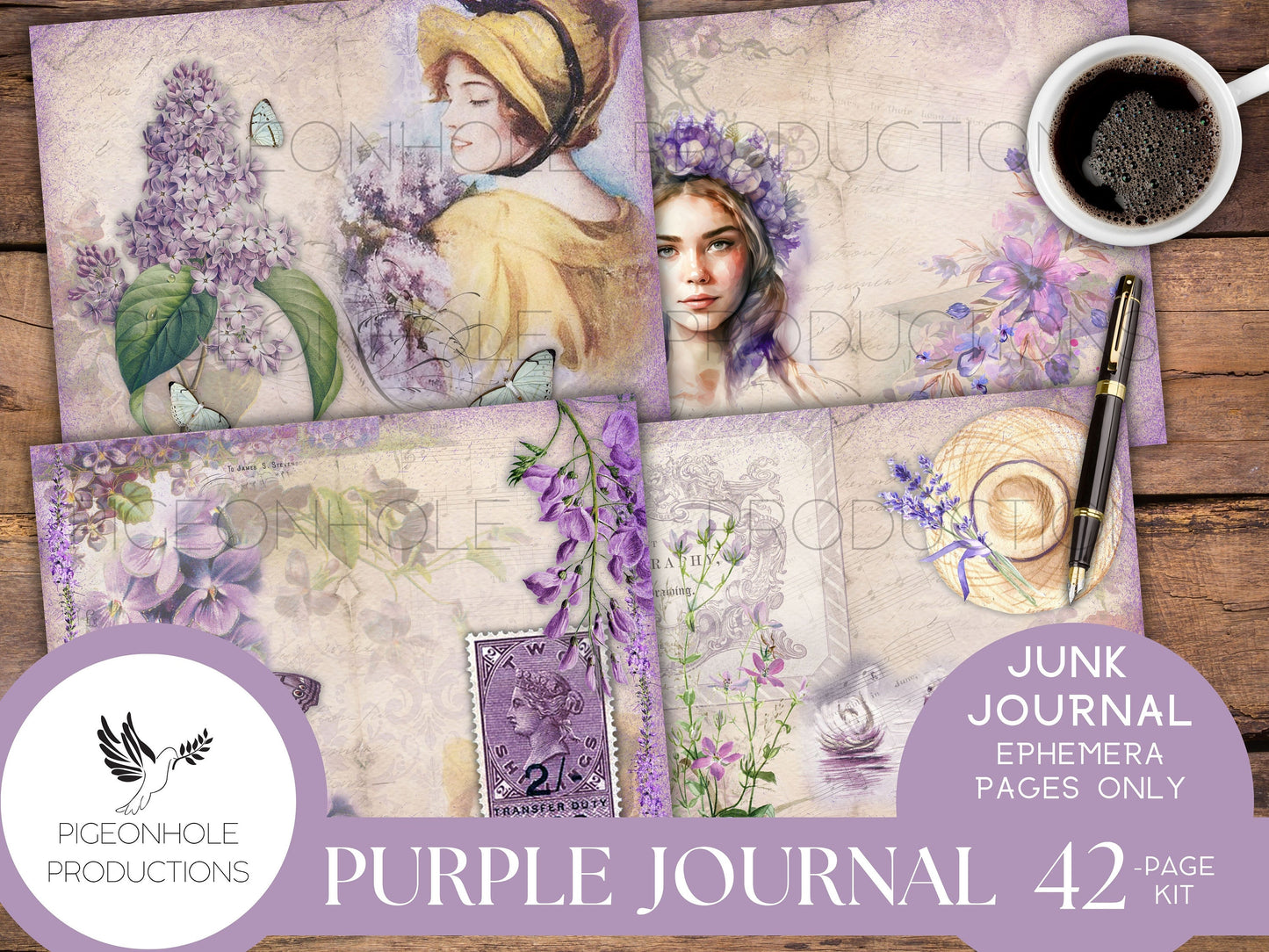 Purple Junk Journal Pages, PRINTABLE, 42 decorative, background, backing and lined journal sheets in lavender, lilac, purple & violet SHABBY