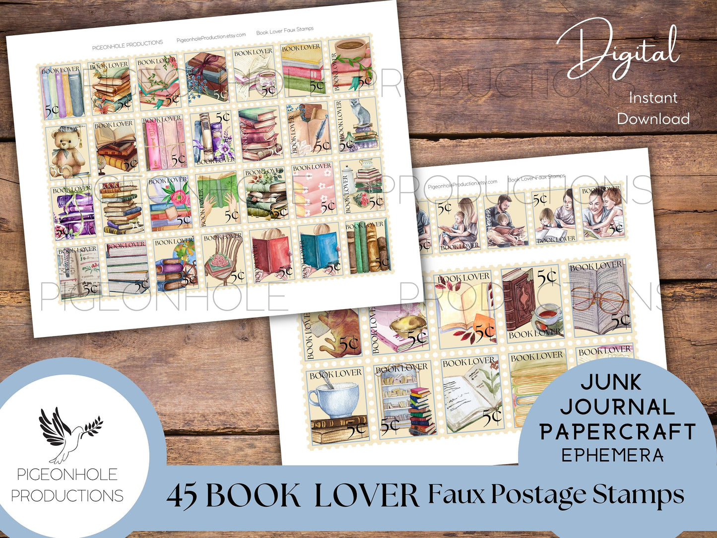 Book Lover Faux Postage Stamps—PRINTABLE—Use in junk journals, planners, scrapbooking, collage, or print on sticker paper for stickers